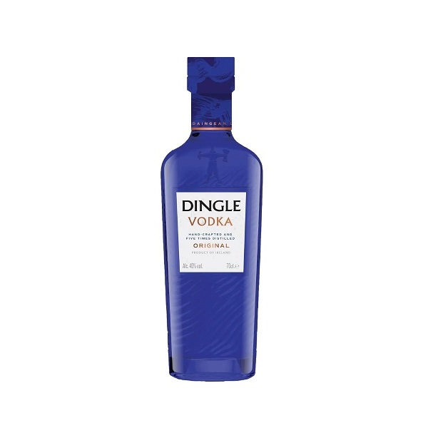 Dingle Distillery Vodka in a blue bottle with a white label and gold and black text.