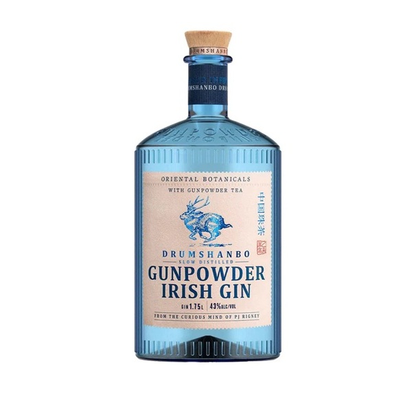 Drumshanbo Gunpowder Irish Gin in a light blue bottle with a cream and blue label.