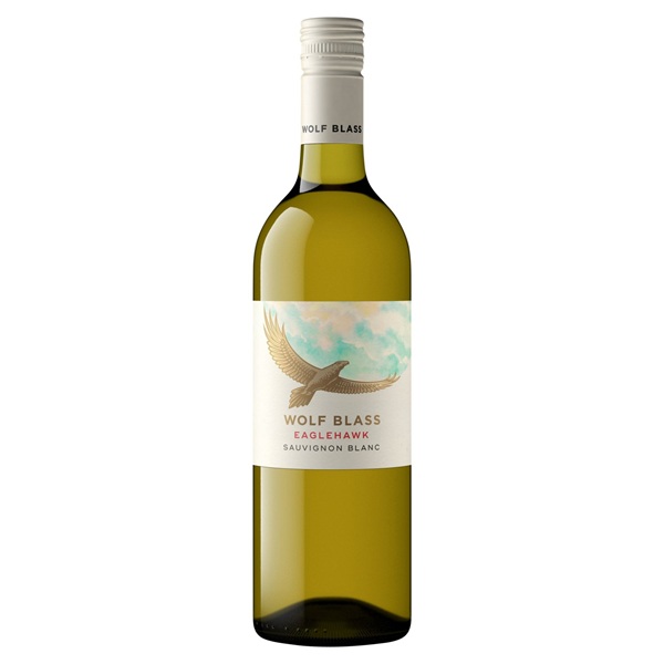 Wolf Blass EagleHawk Sauvignon Blanc in a green bottle with a bird on a white label.
