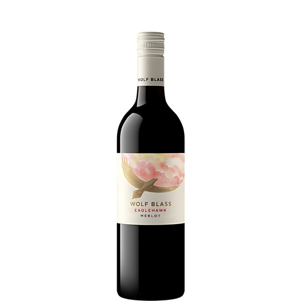 Wolf Blass Eaglehawk Merlot with a dark bottle and a bird on a white label.