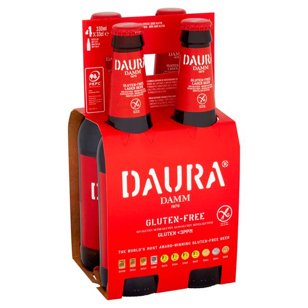 Estrella Daura Gluten Free Beer in a red card holder and white text.