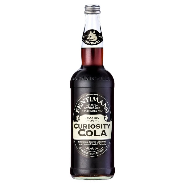 Fentimans Curiosity Cola in a glass bottle with dark cola and a black and cream label.