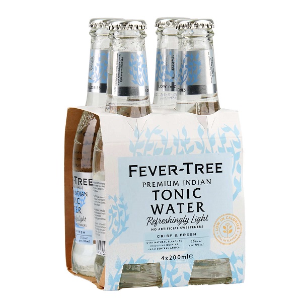 Fever Tree Light Tonic Water with four glass bottles in a light blue card holder with black text.