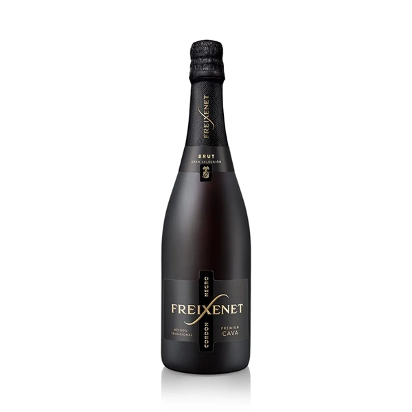 Freixenet Cordon Negro Brut Cava in a black bottle with gold text.