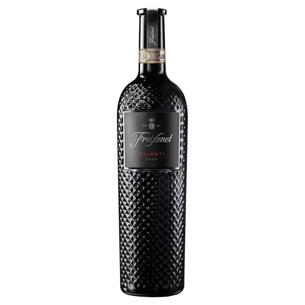 Freixenet Chianti in a black diamond cut glass bottle with a black label.