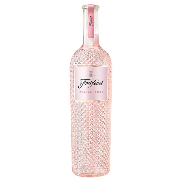 Freixenet Italian Rose in a crystal style tall bottle with a light pink rose colour.