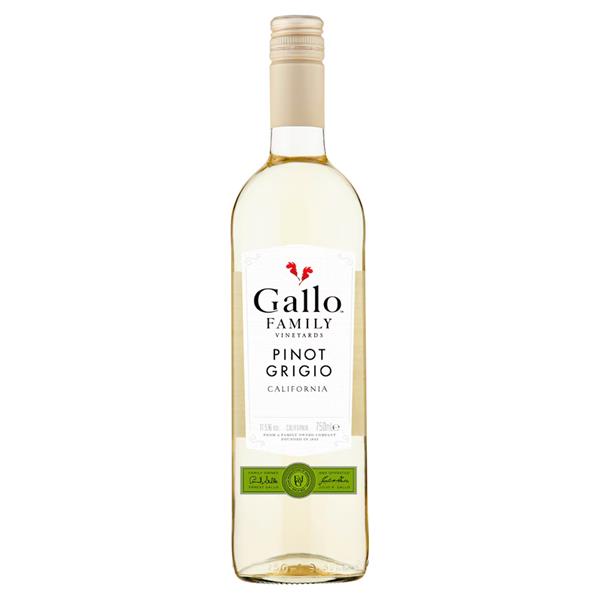 Gallo Family Pinot Grigio in a clear bottle with a straw coloured wine and a white label.