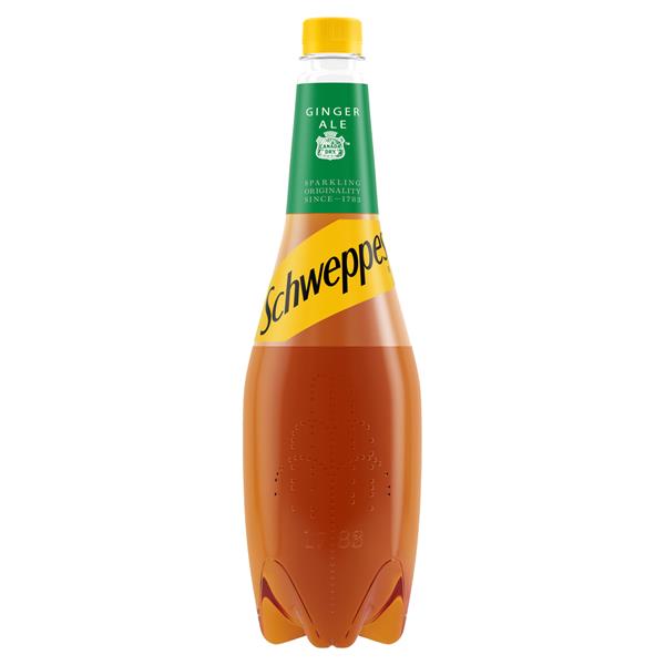 Schweppes Ginger Ale with a brown colour and a green and yellow label.