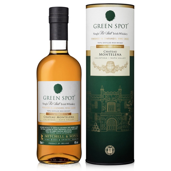 Green Spot Single Pot Still Chateau Montelena in a green and white tube with a clear bottle and a green and white label.
