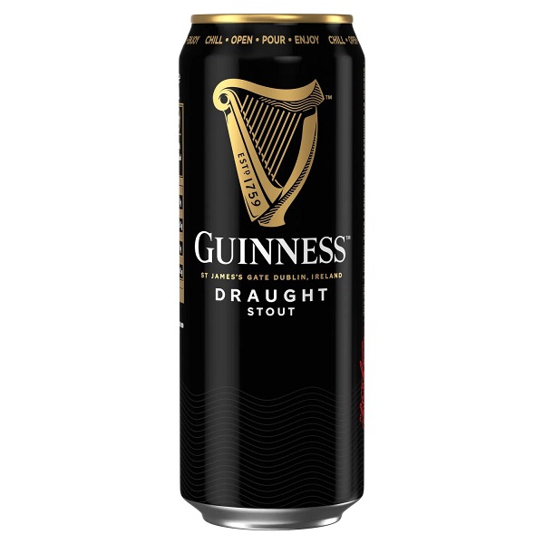 Guinness Draught Stout in a black can with a gold harp and white text.