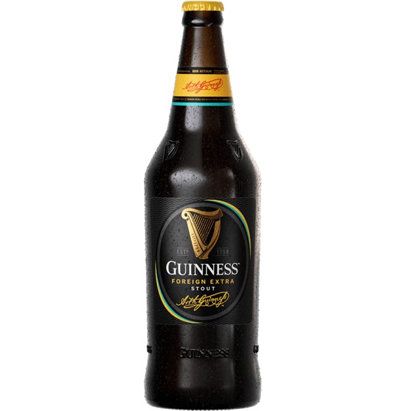 Guinness Foreign Extra Stout in a black bottle with gold and white text and logo.