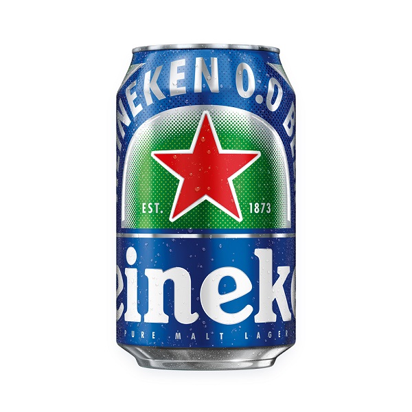 Heineken 0% Alcohol Free in a green and blue330ml can. with a red star in middle and white text.