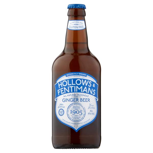 Hollows and Fentimans Ginger Beer in a brown bottle with a white and blue label.