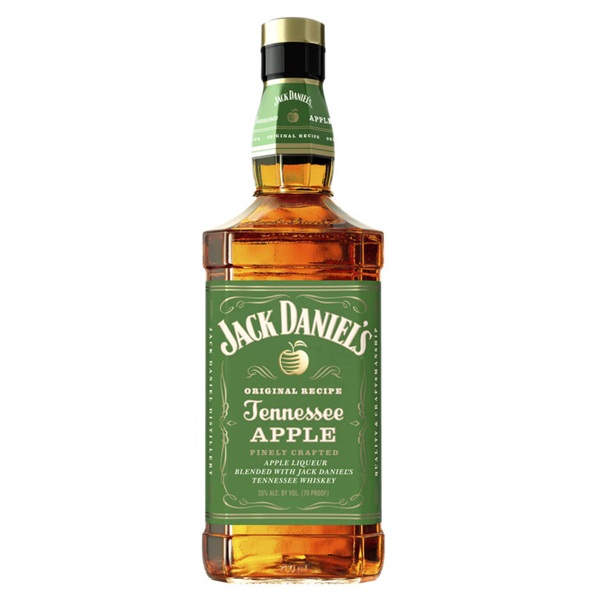 Jack Daniel's Tennessee Apple whiskey liqueur in a square shaped bottle with a green label.