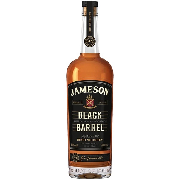 Jameson Black Barrel whiskey in a clear bottle with a black label and white text.