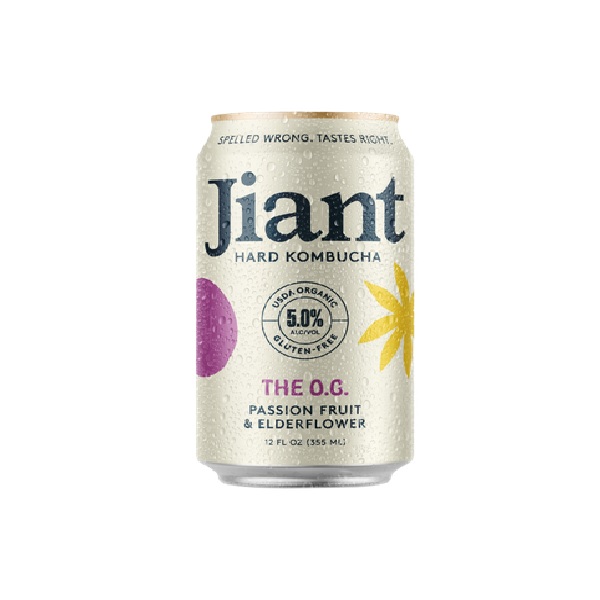 Jiant Hard Kombucha Passion Fruit and Elderflower in a cream can with black text.