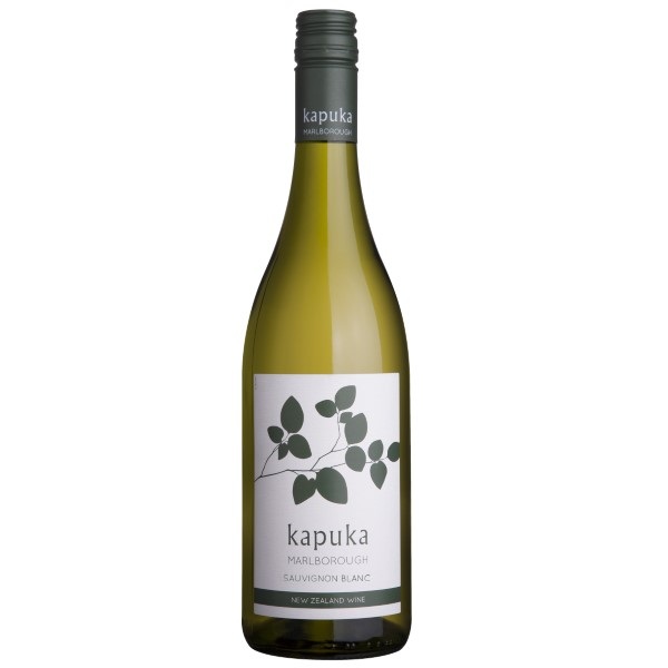 Kapuka Sauvignon Blanc in a green bottle with green leaves on a white label.