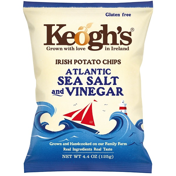 Keogh's Atlantic Sea Salt and Irish Cider Vinegar crisps in a whit bag with a red sailing boat on the blue sea.