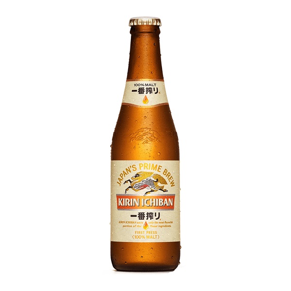 Kirin Ichiban in a brown bottle with a cream label.