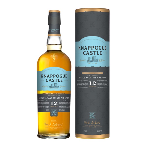 Knappogue Castle 12 Year Old Single Malt Irish whiskey in a dark tin with a blue label and a bottle with a blue label.