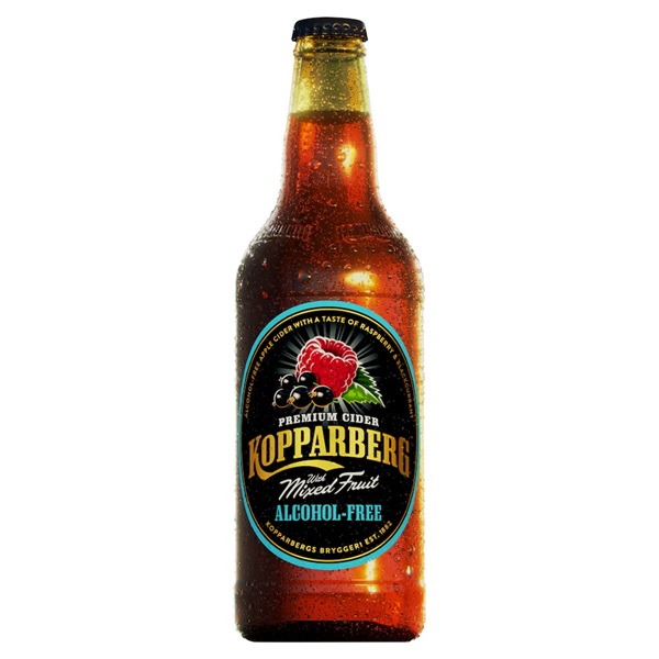 Kopparberg Alcohol Free Mixed Fruit Cider in a brown bottle with fruit on a black label and gold text.
