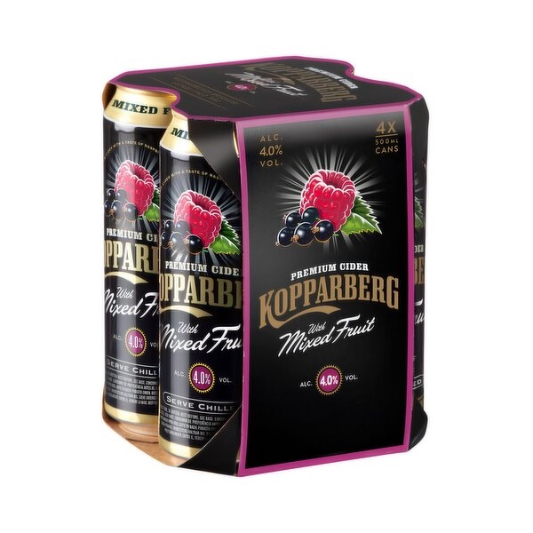 Kopparberg Mixed Fruit Cider in a black can with mixed fruit and gold text.