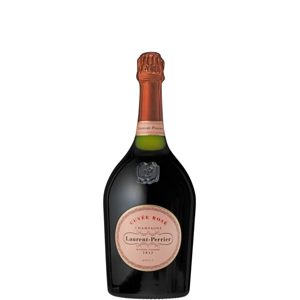 Laurent Perrier Cuvee Rose Brut in a dark bottle with a pink label.