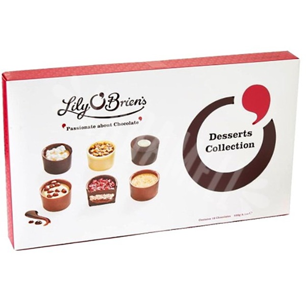 Lily O'Brien's Dessert Collection in a white box with a mixture of chocolates on the label.