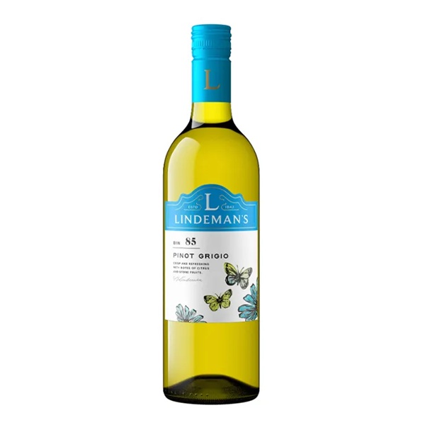 Lindeman's Bin 85 Pinot Grigio in a green bottle with a blue and white label.