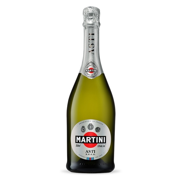 Martini Asti in a green bottle with a silver top and a silver and red label.