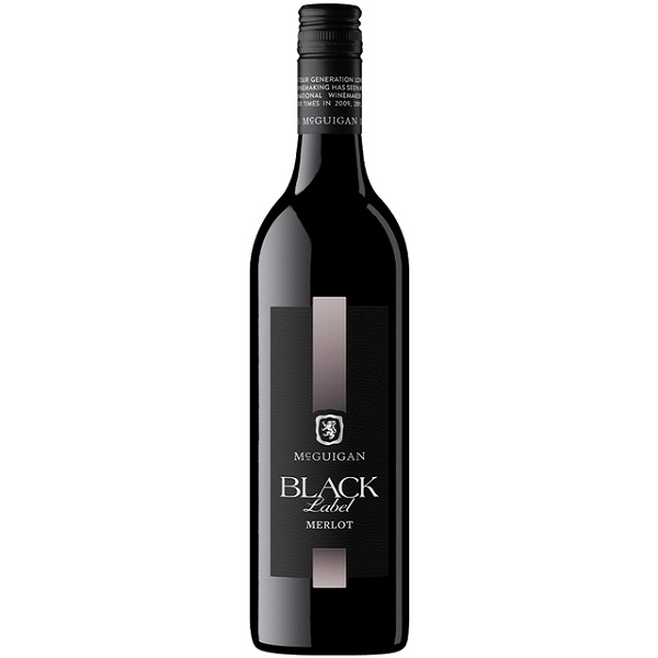 McGuigan Black Label Merlot in a black bottle with a black label and a grey stripe down the middle.