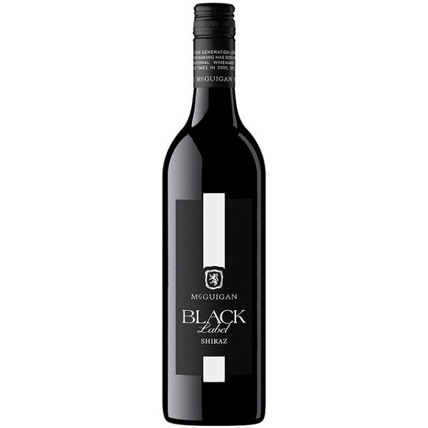 McGuigan Black Label Shiraz in a black bottle with a black label and a white stripe down the middle.