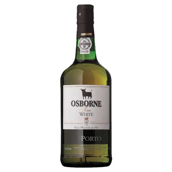 Osborne White Port in a green tinted bottle with a white label.