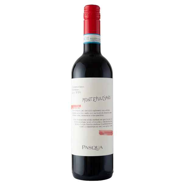 Pasqua Montepulciano d'Abruzzo Italian red wine with a dark bottle, a white label and a red top.
