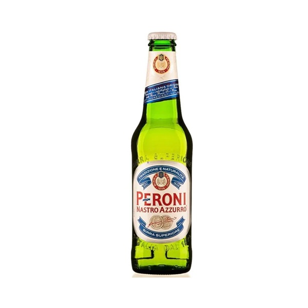 Peroni Nastro Azzurro in a green bottle with a white and blue label and red text.
