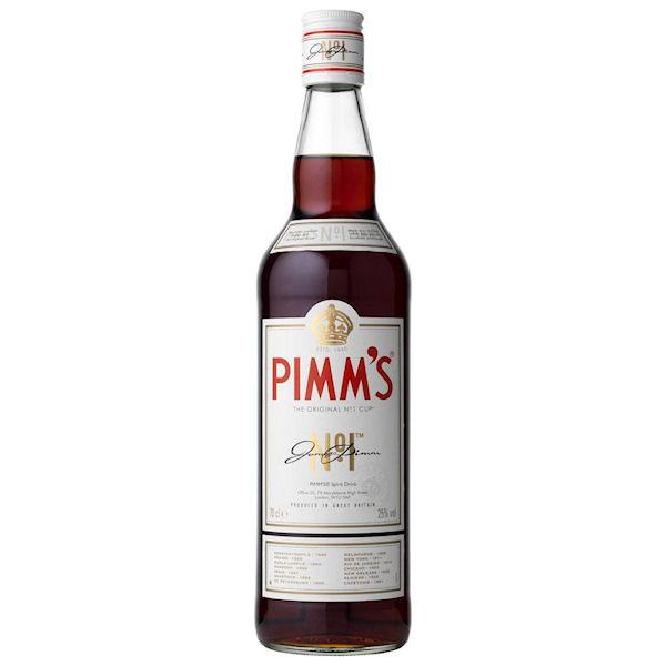 Pimm's No. 1 in a clear bottle with a red coloured liquid and a white label with gold and red text.