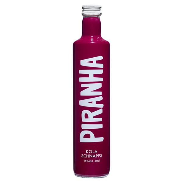 Piranha Kola Schnapps liqueur in a wine coloured bottle.