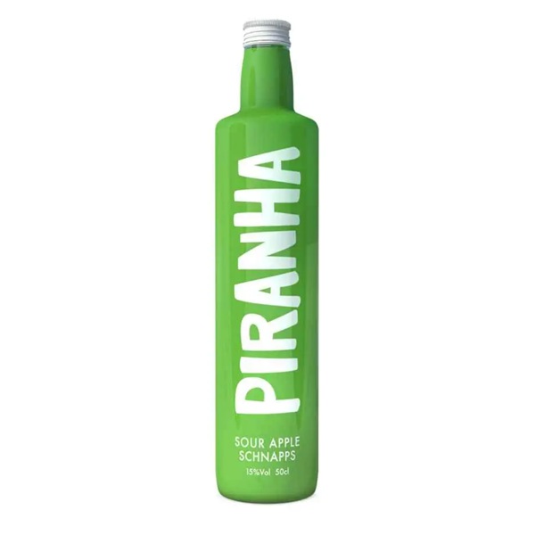 Piranha Sour Apple Schnapps in a green bottle.