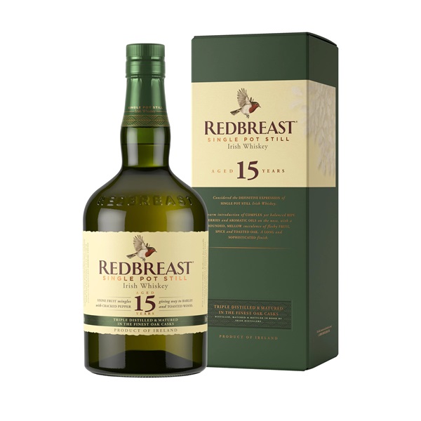 Redbreast 15 Year Old Single Pot Still Irish whiskey in a green and cream box with a green bottle and a cream label.
