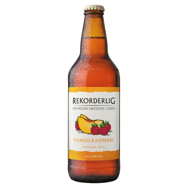 Rekorderlig Mango & Raspberry flavoured Swedish Cider in a brown tinted bottle with fruit on a cream label.