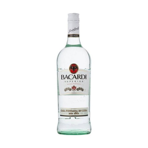 Bacardi Superior White Rum in a clear light green bottle and a white label.