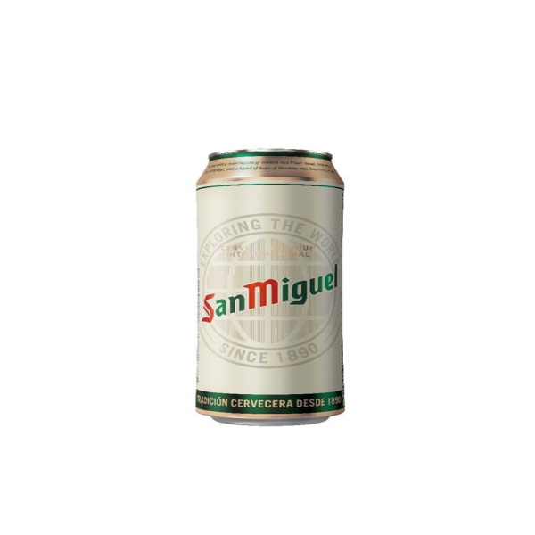 San Miguel Cerveza Premium Spanish beer in a cream can with red and green text.