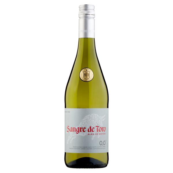 Torres Sangre de Toro 0.0% White Non-Alcoholic wine in a green bottle with red text on a silver label.