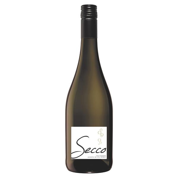 Secco Vino Frizzante Italian sparkling wine in a dark bottle with a white label..