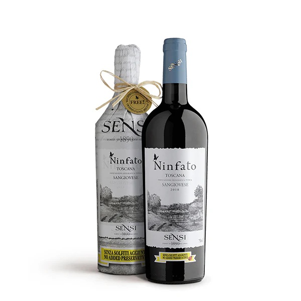 Sensi Ninfato Sangiovese Organic Italian red wine with a paper wrapping around the dark bottle.