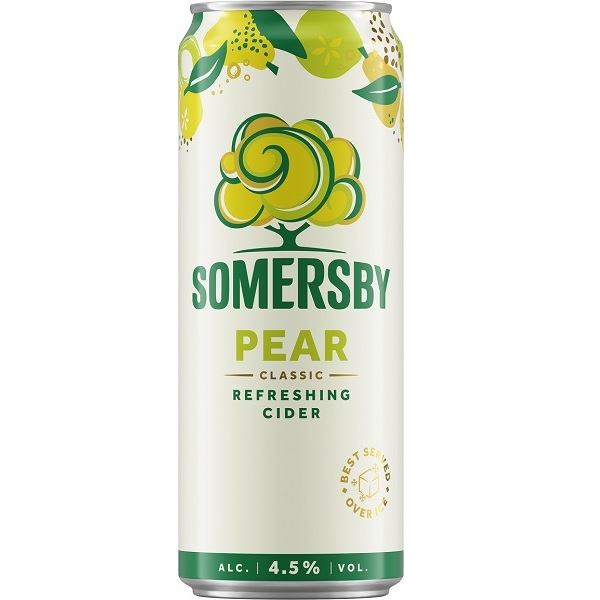 Somersby Pear Flavoured Cider in a white can with green writing.