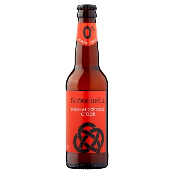 Stonewell 0% Non-Alcoholic Irish Cider in a brown bottle with a red label.