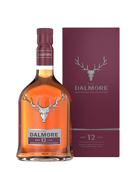 The Dalmore 12 Year Old Single Highland Malt Scotch Whisky in a wine box with silver text and a silver stag head on the bottle and box.