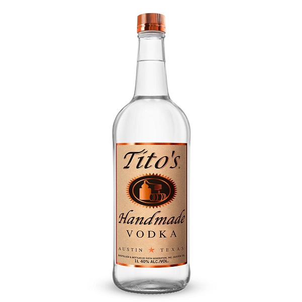 Tito's Handmade Vodka in a clear bottle with a cream label and black text.