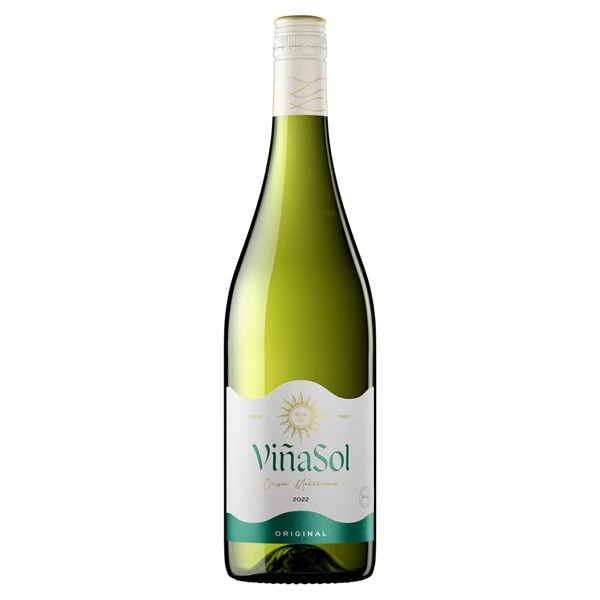 Torres Vina Sol Spanish white wine in a green bottle with a white label and green text.